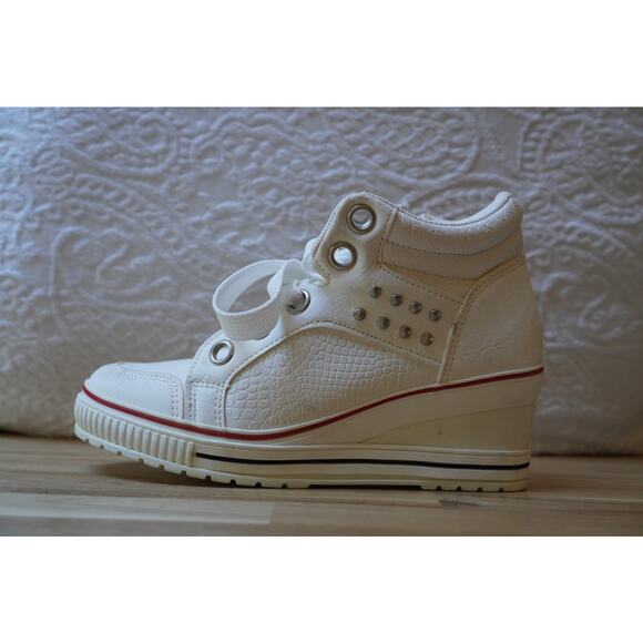Vintage White Trendy Wedge High Top Zip Up Studded Sneakers Size 245 US 7.5 - Picture 3 of 12
